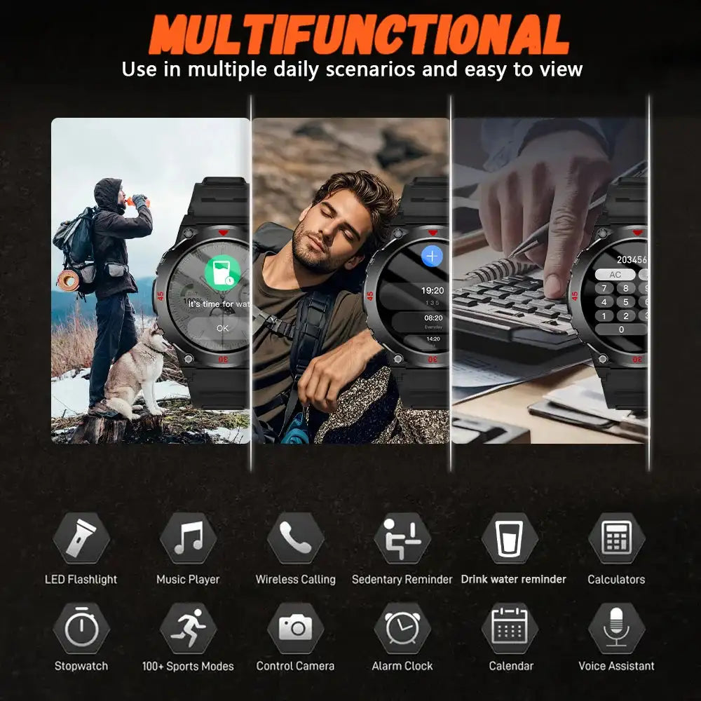 LAXASFIT Outdoor Smartwatch LED Flashlight Bluetooth