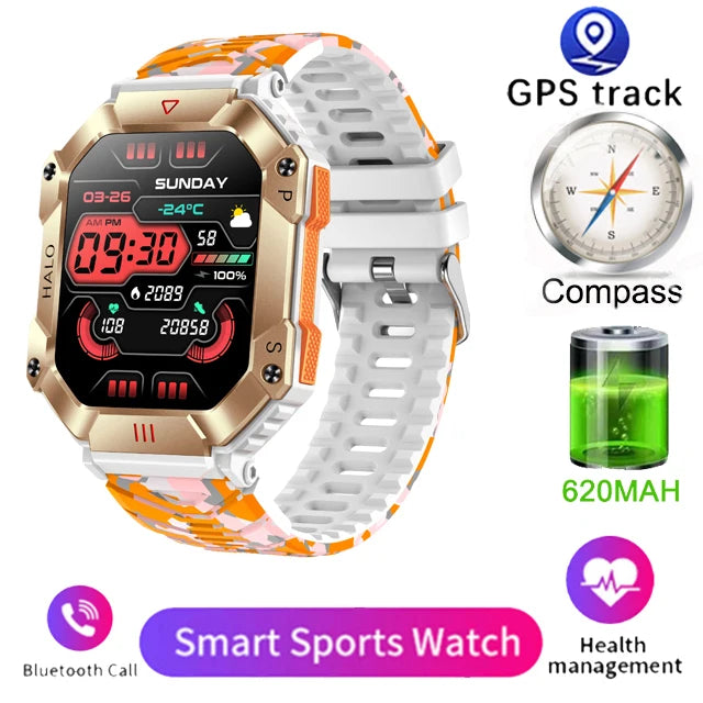Men's Smart Watch for Android &amp; iOS - 2023 Waterproof Military Fitness Tracker with AI Voice &amp; Bluetooth Orange camouflage