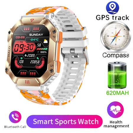 Men's Smart Watch for Android &amp; iOS - 2023 Waterproof Military Fitness Tracker with AI Voice &amp; Bluetooth Orange camouflage