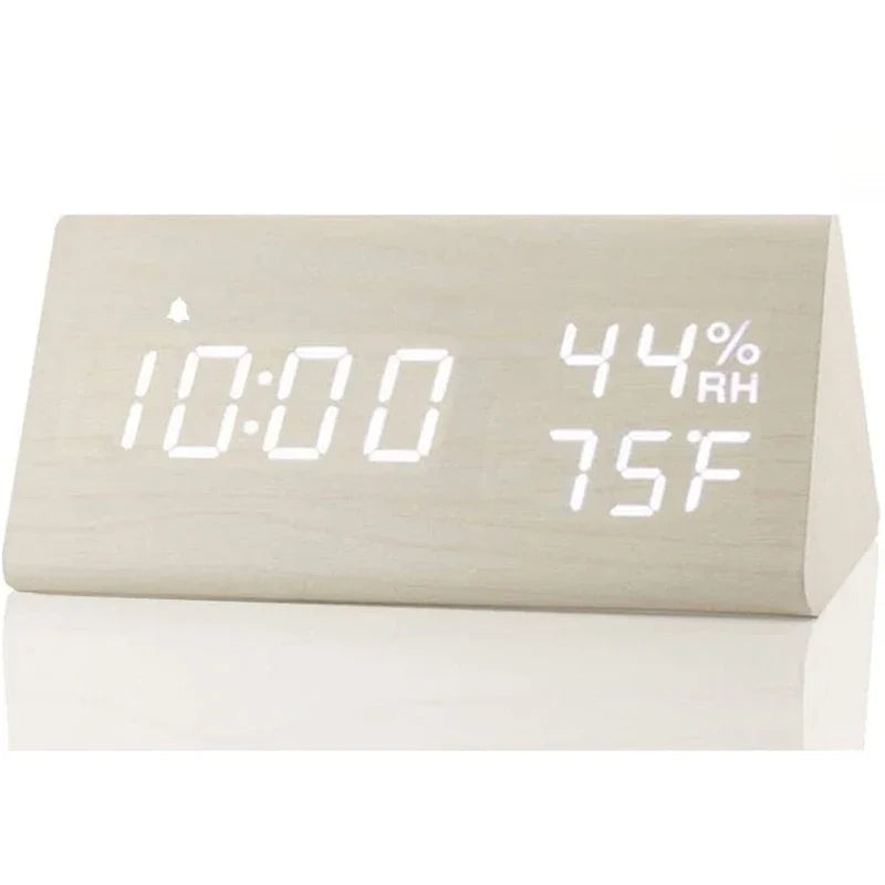 Wooden LED Digital Alarm Clock with USB Charger, Temperature &amp; Humidity Display White