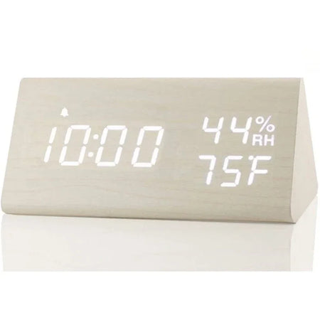 Wooden LED Digital Alarm Clock with USB Charger, Temperature &amp; Humidity Display White