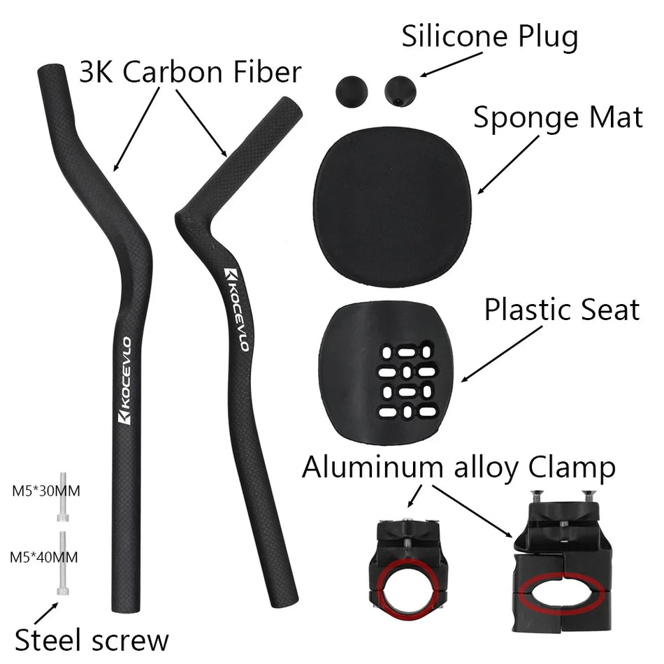 KOCEVLO Triatlon TT Mâner de odihnă din fibră de carbon 31.8mm Clema Extinsă Ghidon Aero pentru bicicletă de șosea 300 până la 400mm