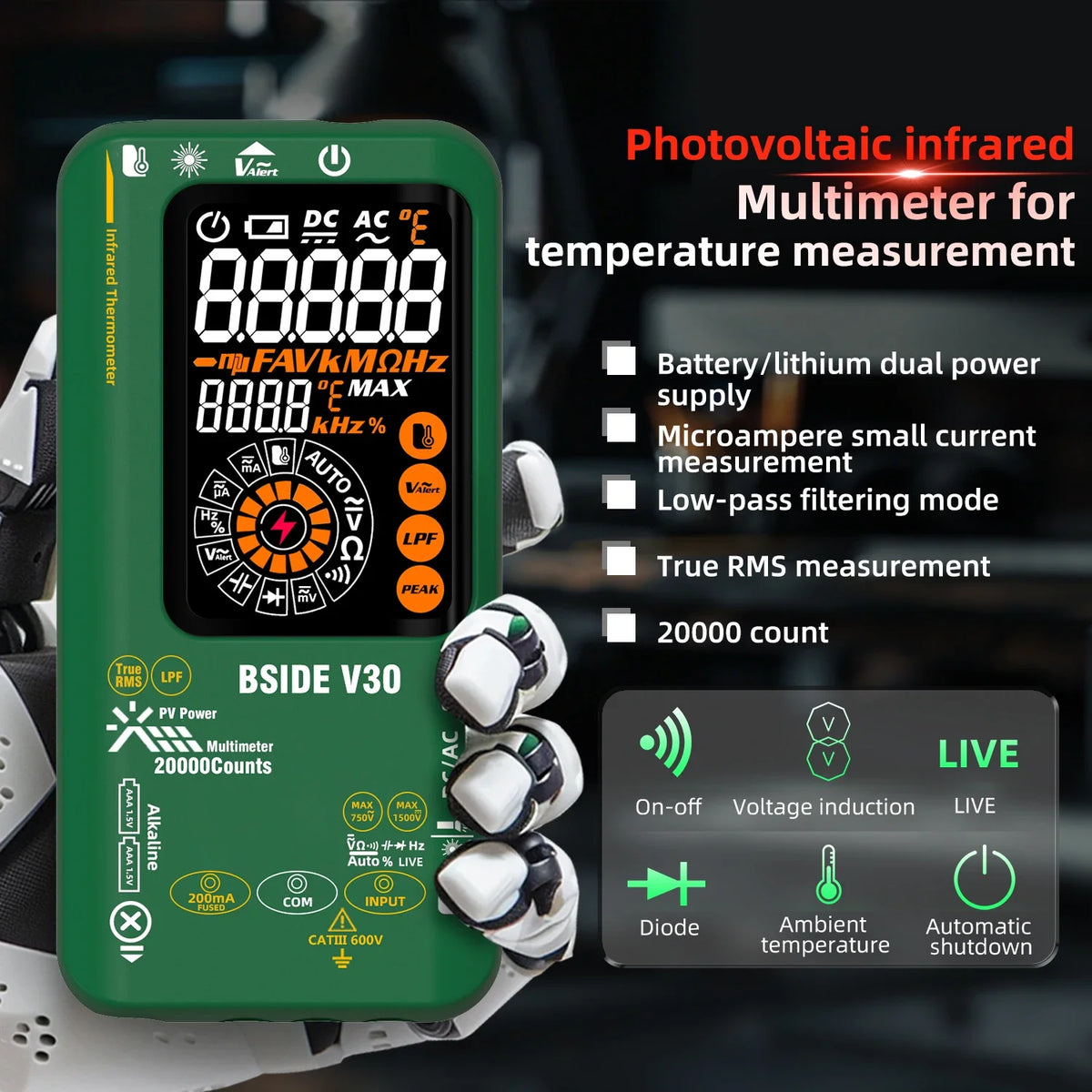 BSIDE V30 &ndash; Auto 1500V DC LPF Infrared Temp NCV Tester