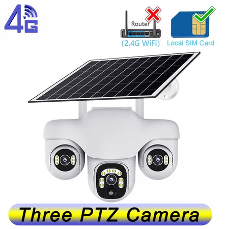 V380 Pro 15MP Solar Camera Triple Lens Triple PTZ Camera Two-Way Audio Outdoor Built-in Battery Security CCTV HD 4G IP Camera 4G Cam No Card