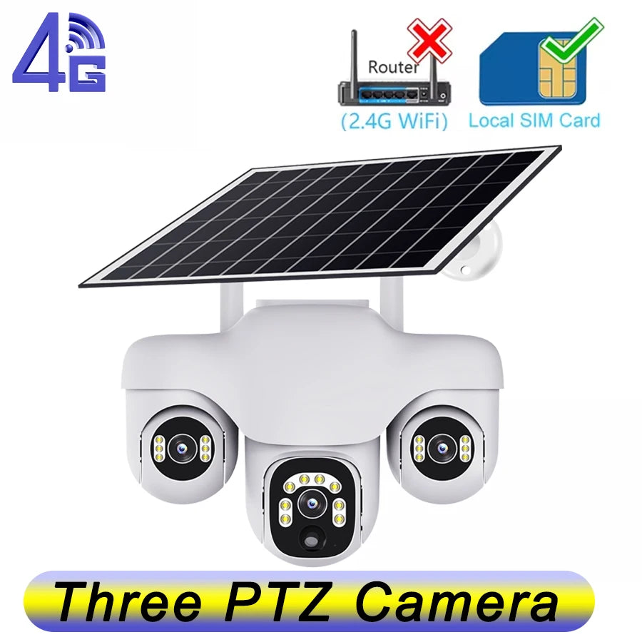 V380 Pro 15MP Solar Camera Triple Lens Triple PTZ Camera Two-Way Audio Outdoor Built-in Battery 4G IP Camera HD Security CCTV 4G Cam No Card
