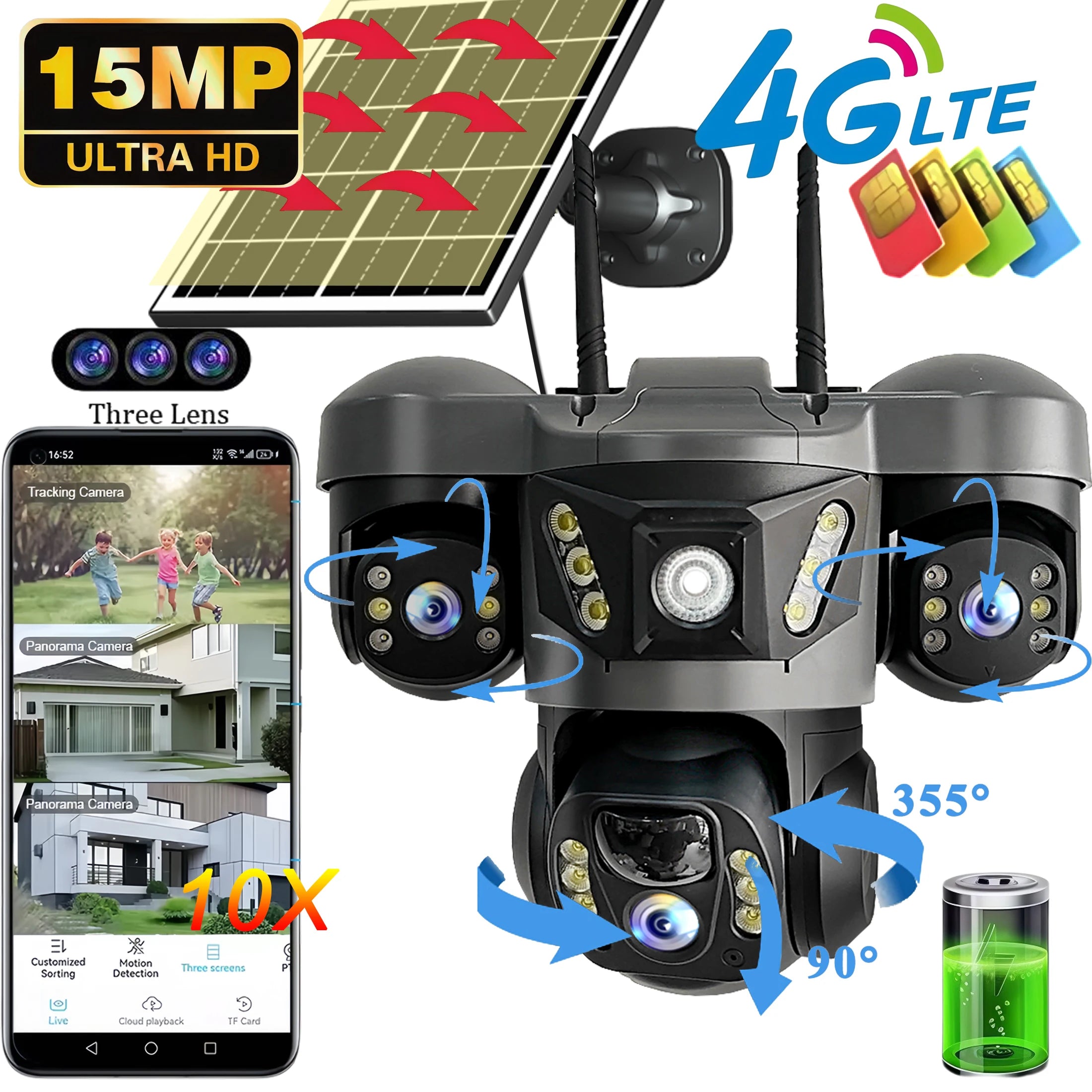 V380 Pro 15MP 4G Solar Camera Three Lens Two-way Audio Outdoor IP66 Waterproof Built-in Battery Security CCTV HD Network Camera