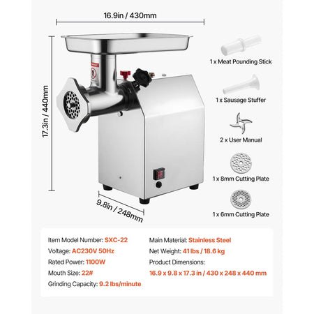 Stainless Electric Meat Grinder Sausage Stuffer 9.2lbs 22size / CZECH REPUBLIC