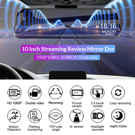 Mirror Camera for Car 10 Inch Touch Screen &ndash; Dual Front and Rear Recording