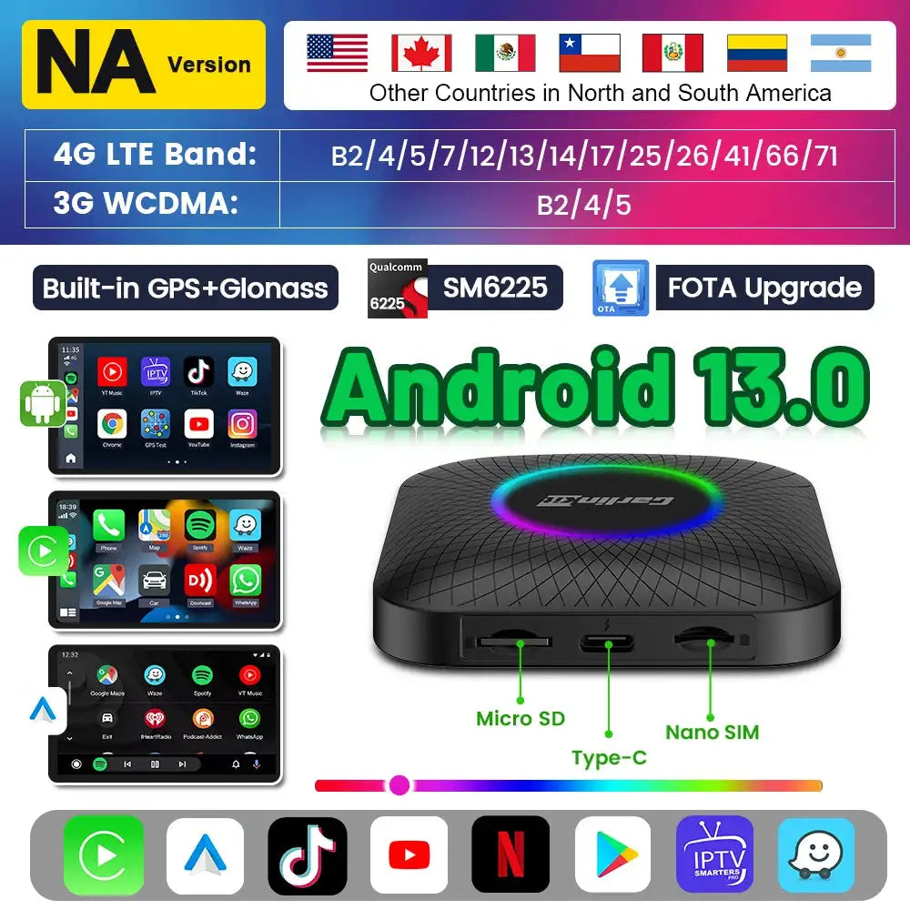Carlinkit Android 13 CarPlay AI Box 8 Core 6225 64GB 128GB LED Android 13 NA / 8GB 128GB