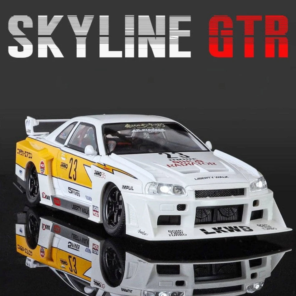 Model de mașină din metal la scară 1:24 GTR-S15/GTR-R34 cu uși deschise și direcție.