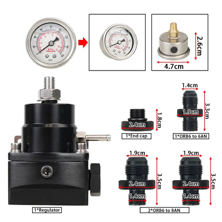 Adjustable Fuel Pressure Regulator with White Oil Gauge With AN8/10 Feed Fitting & AN6 Return Line Fitting & AN8/10 End Cap by InterCyprus Trading Ltd