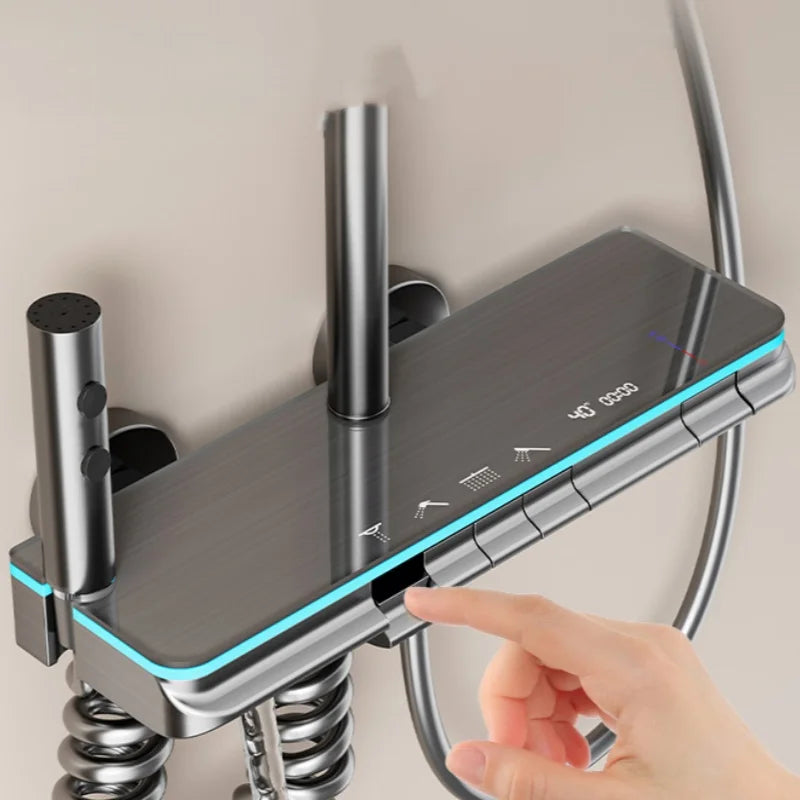 Digital Control Shower System with Rainfall Head, LED Atmosphere Light, Chrome Square Body