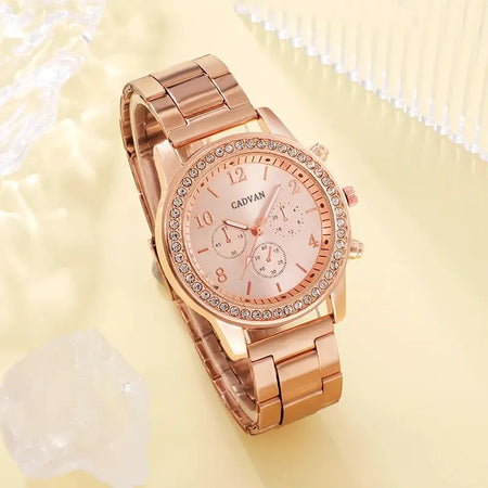 6PCS Rose Gold Luxury Rhinestone Jewelry Set with Watch, Ring, Necklace, and Earrings