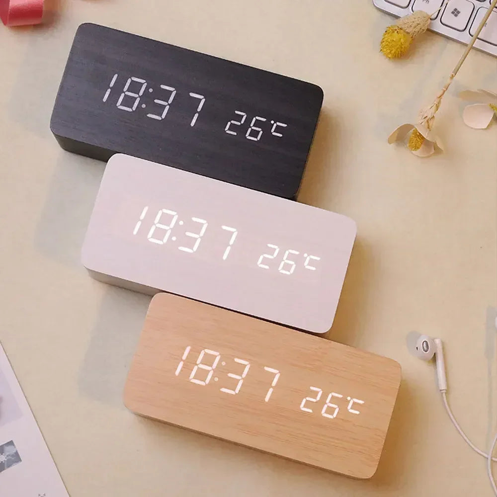 Sleek Wooden Digital Alarm Clock with Voice Control and USB Charging