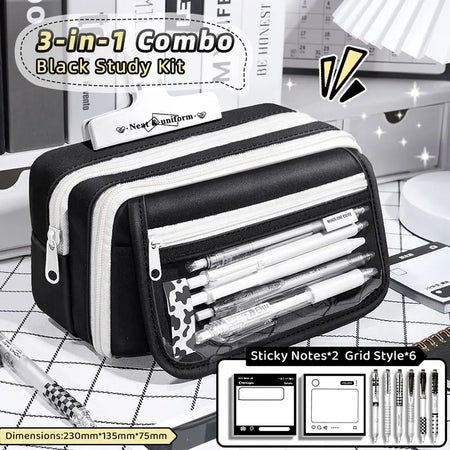 Inkpals Black Pencil Case - Large Capacity Kawaii School Organizer Pencil Case Set