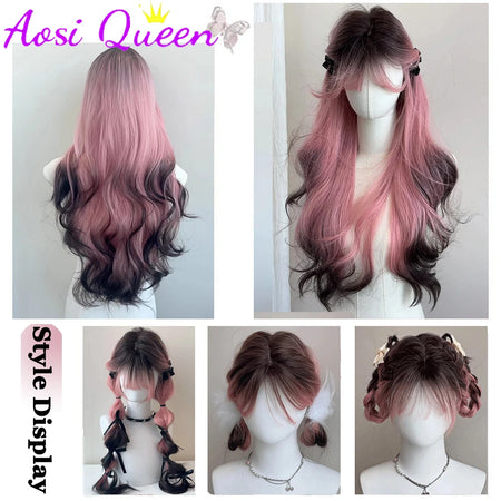 AosiQueen Black Pink Ombre Long Wavy Synthetic Wig with Bangs for Cosplay