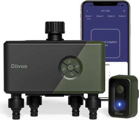 Diivoo 4 Zone WiFi Garden Watering Timer &ndash; Automatic Drip Irrigation Controller with Alexa &amp; Google Assistant Compatibility