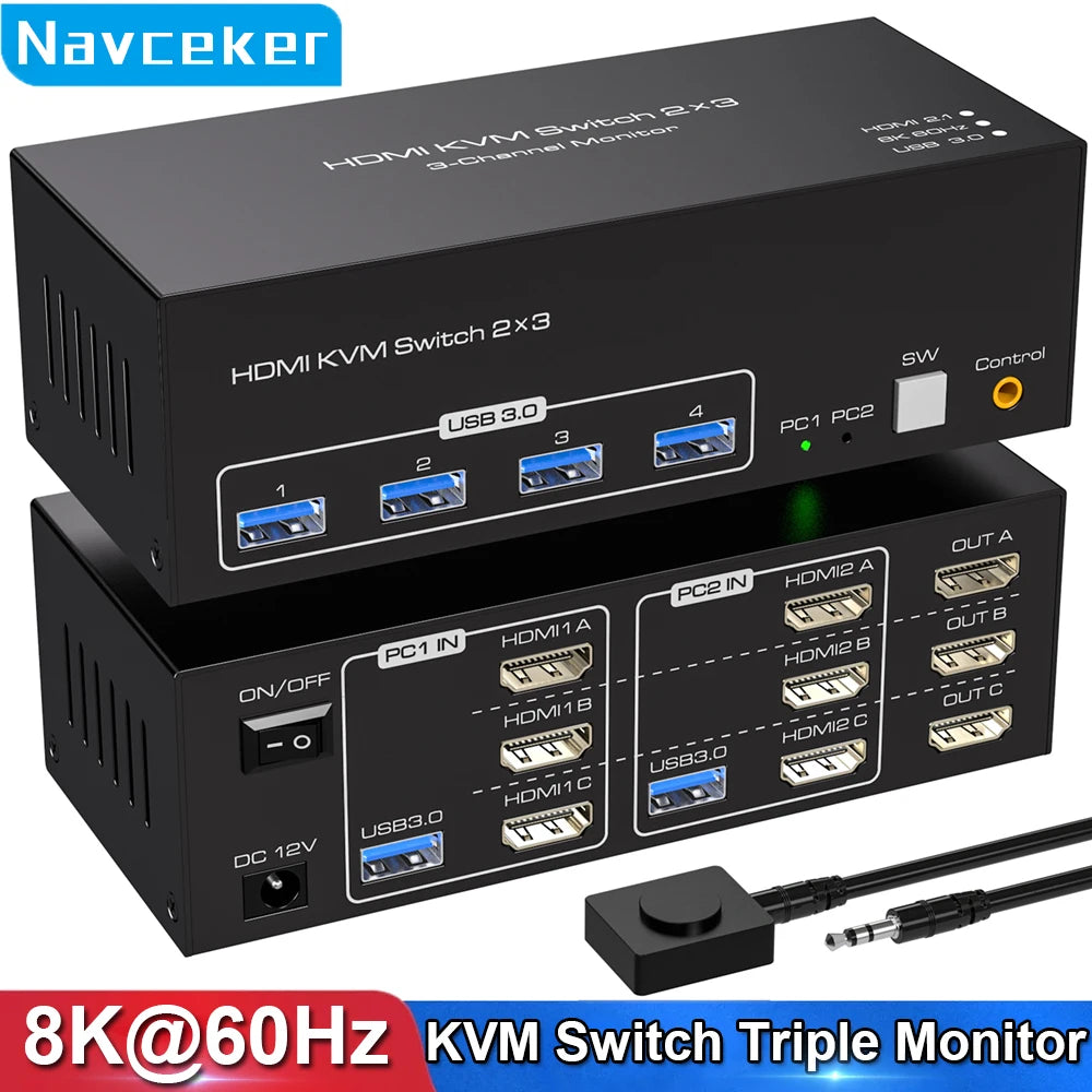 Navceker 8K 60Hz Triple HDMI KVM Switch &ndash; Seamless Multi-Monitor Control