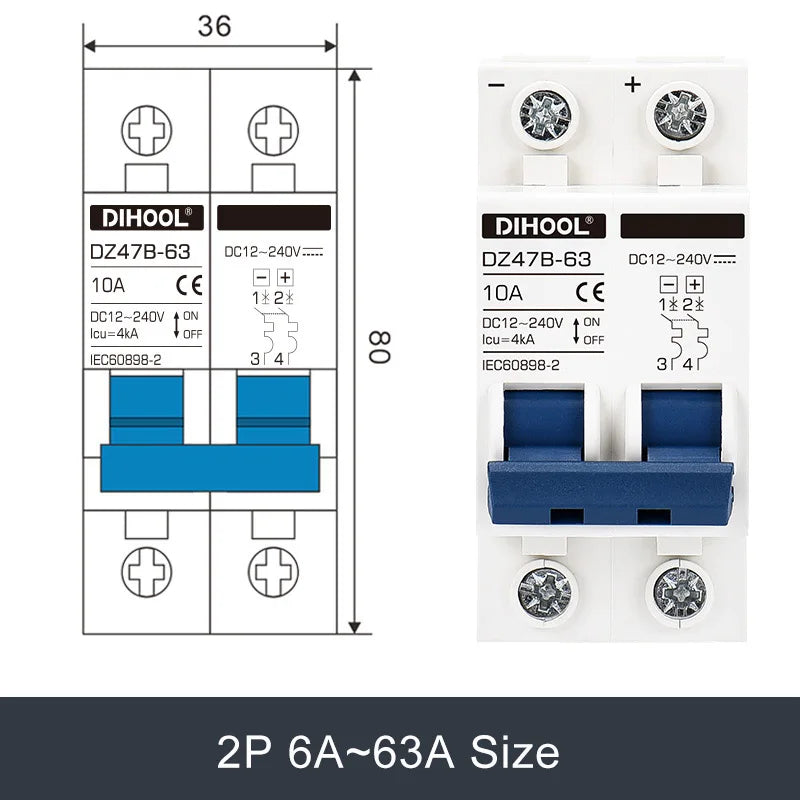 DC Mini Circuit Breaker DZ47B for Solar Battery Protection - 12V to 240V, 16A to 125A