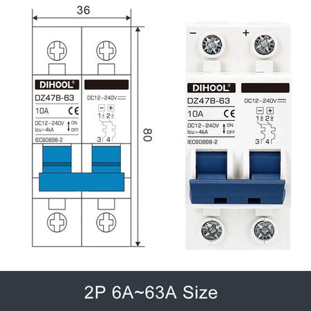 DC Mini Circuit Breaker DZ47B for Solar Battery Protection - 12V to 240V, 16A to 125A