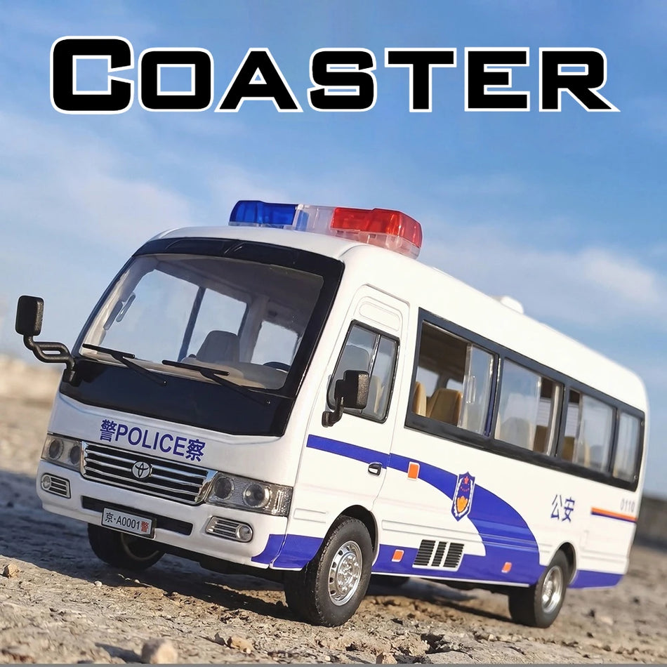 Model de mașină de poliție din metal turnat 1:24, acțiune cu retragere, uși deschise.
