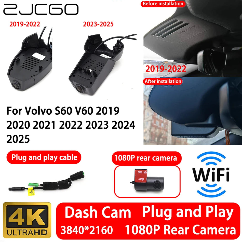 Volvo S60/V60 (2019-2025) için WiFi Gece Görüşlü 4K Ön/Arka Dash Cam