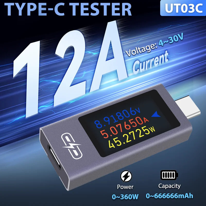 Tester USB-C Multimetro Digitale DC 4-36V 0-12A – Display IPS, Supporta PD, QC 2.0/3.0, MTK E Rilevamento Curve