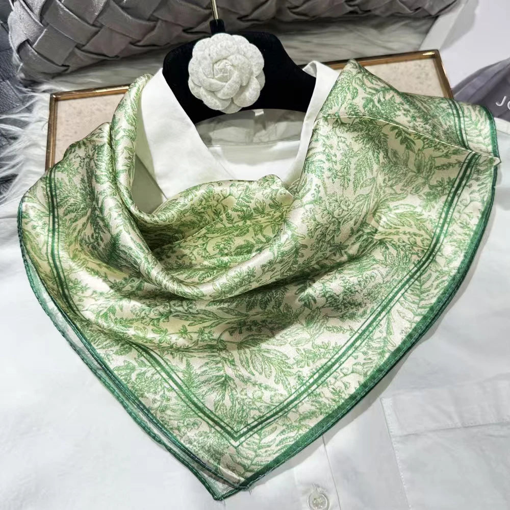 Green Women 100% Mulberry Silk Scarf &ndash; Elegant Floral Design for Versatile Styling