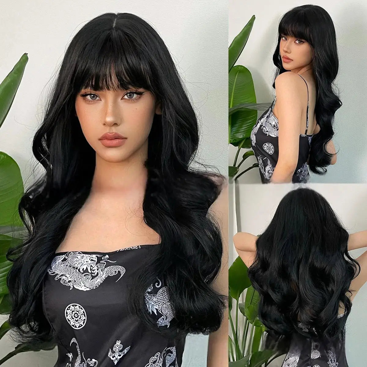 Wine Red Long Curly Synthetic Wig with Bangs - Heat Resistant &amp; Daily Wear 27-131-black / 26inches