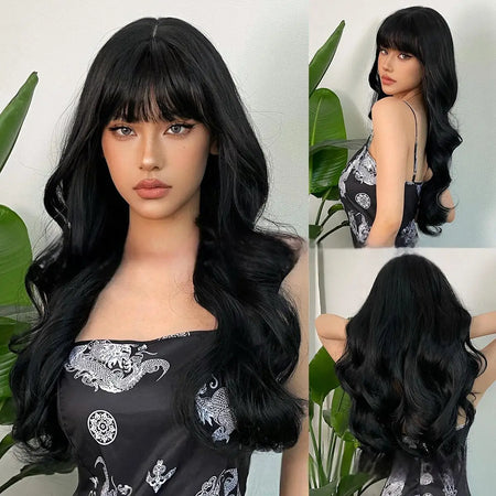 Wine Red Long Curly Synthetic Wig with Bangs - Heat Resistant &amp; Daily Wear 27-131-black / 26inches