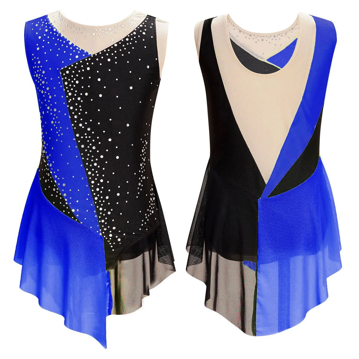 Girls Figure Ice Skating Dress &ndash; Color Block Rhinestone Design Royal Blue / 12