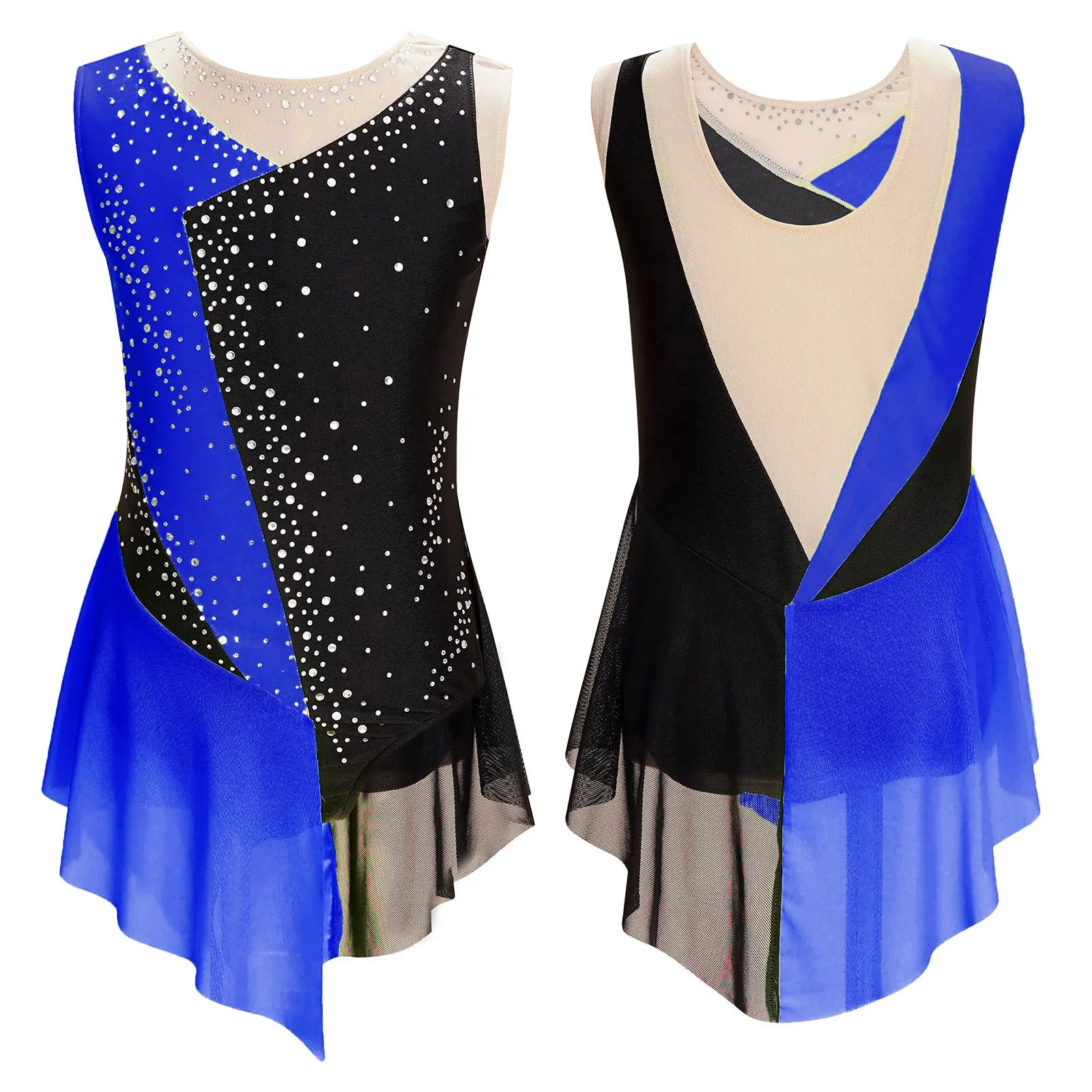Girls Figure Ice Skating Dress &ndash; Color Block Rhinestone Design Royal Blue / 12