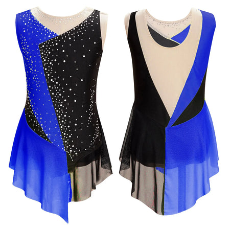 Girls Figure Ice Skating Dress &ndash; Color Block Rhinestone Design Royal Blue / 12