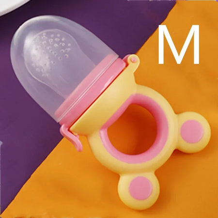 Cute Silicone Fresh Food Nibbler with Bear Ears for Infants Yellow pink M