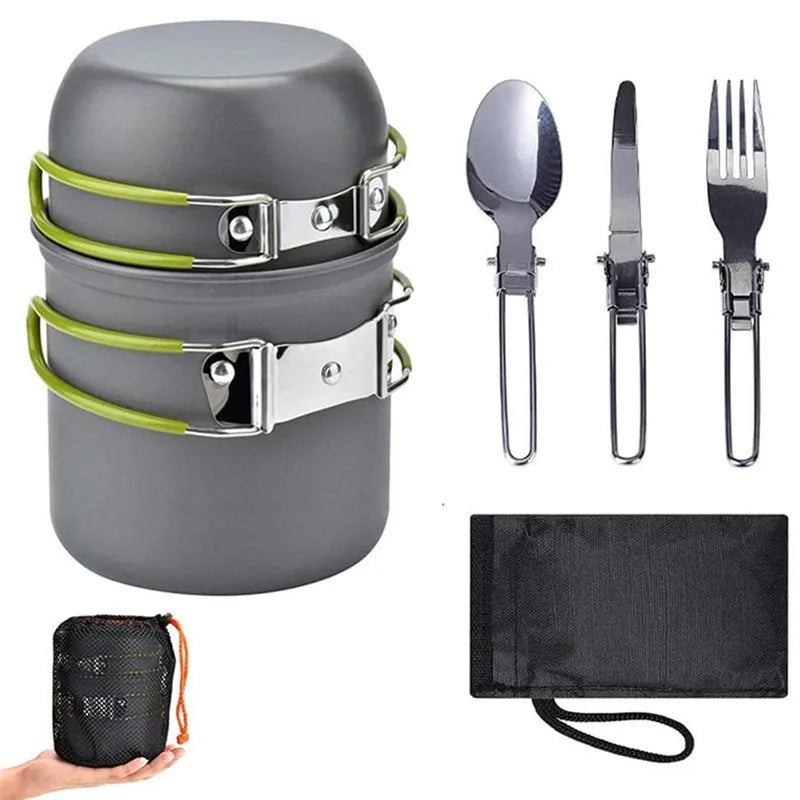 Camping Cookware Kit Outdoor Aluminum Cooking Set Water Kettle Pan Pot Hiking Picnic Tableware Equipment 0.8 Liter Kettle GREEN 11 PCS / CN (Origin)