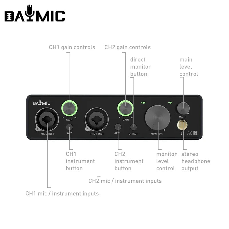 2-Channel USB Audio Interface Sound Card