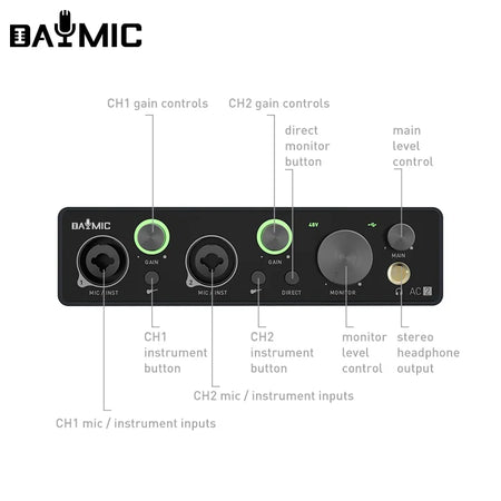 2-Channel USB Audio Interface Sound Card