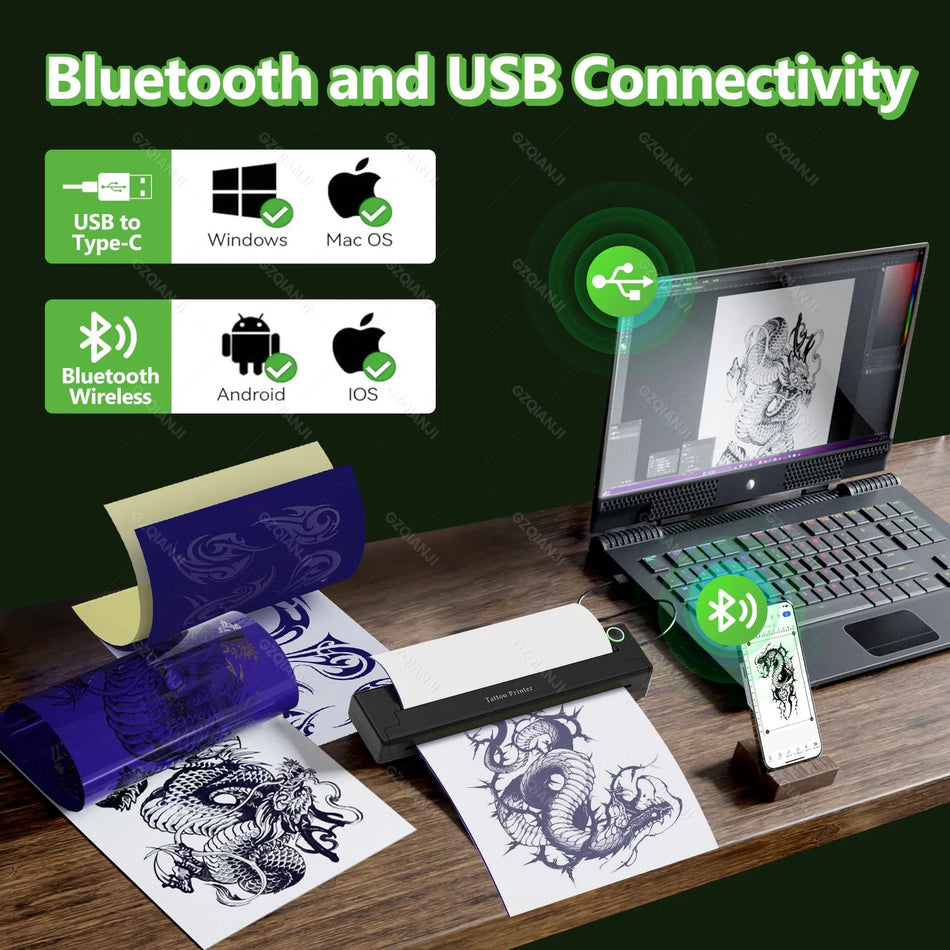 A4 Prenosni Termalni Tatu Tiskalnik, Bluetooth, 203DPI, Združljiv z Android in iOS