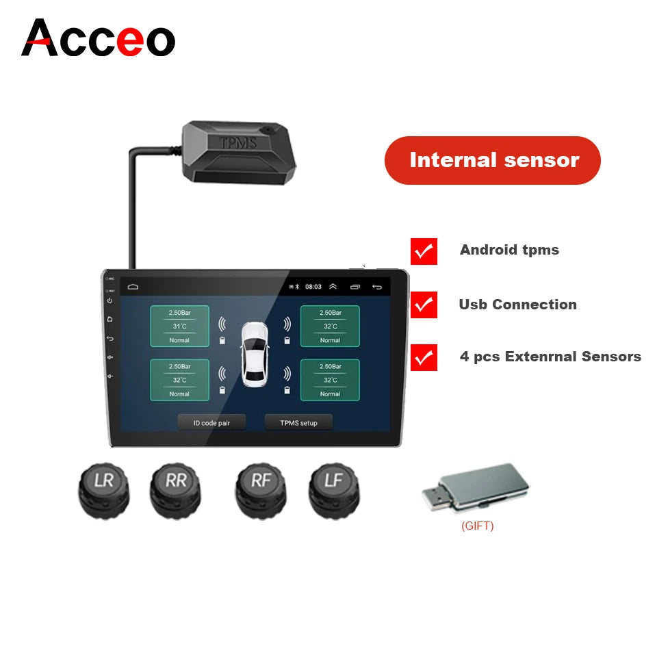 ACCEO Wireless TPMS For Cars - USB Rechargeable Alerts K25-External Sensor
