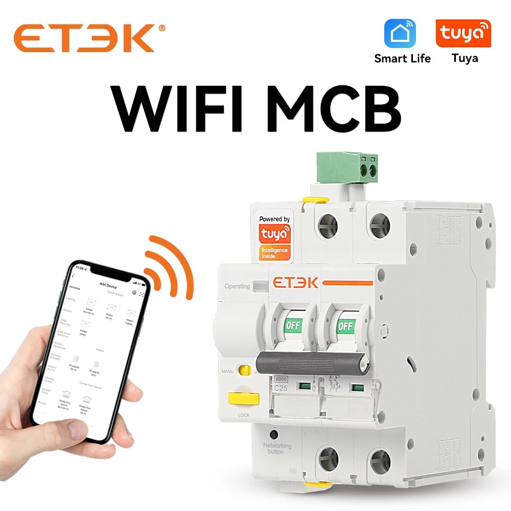 ETEK Tuya Smart WiFi Circuit Breaker MCB with Remote Control and Short Circuit Protection 16A / 2P