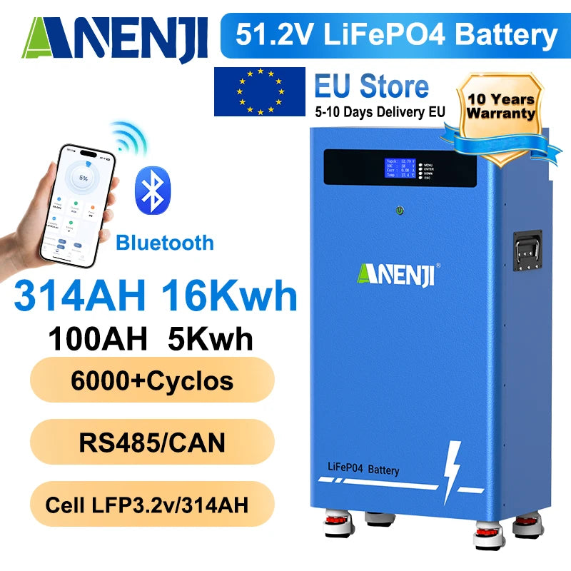 Μπαταρία Αποθήκευσης Ενέργειας ANENJI LiFePO4 16kWh 51.2V με Ενσωματωμένο Bluetooth BMS CAN RS485 6000 Κύκλοι