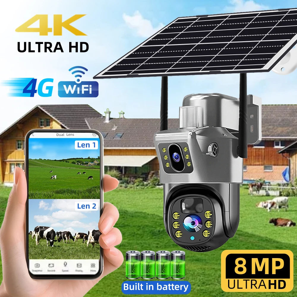 V380 Pro 4G Solar Camera Dual Lenses Outdoor 8MP 4K Low Power Battery IP Camera PIR Night Vision CCTV Security Protection