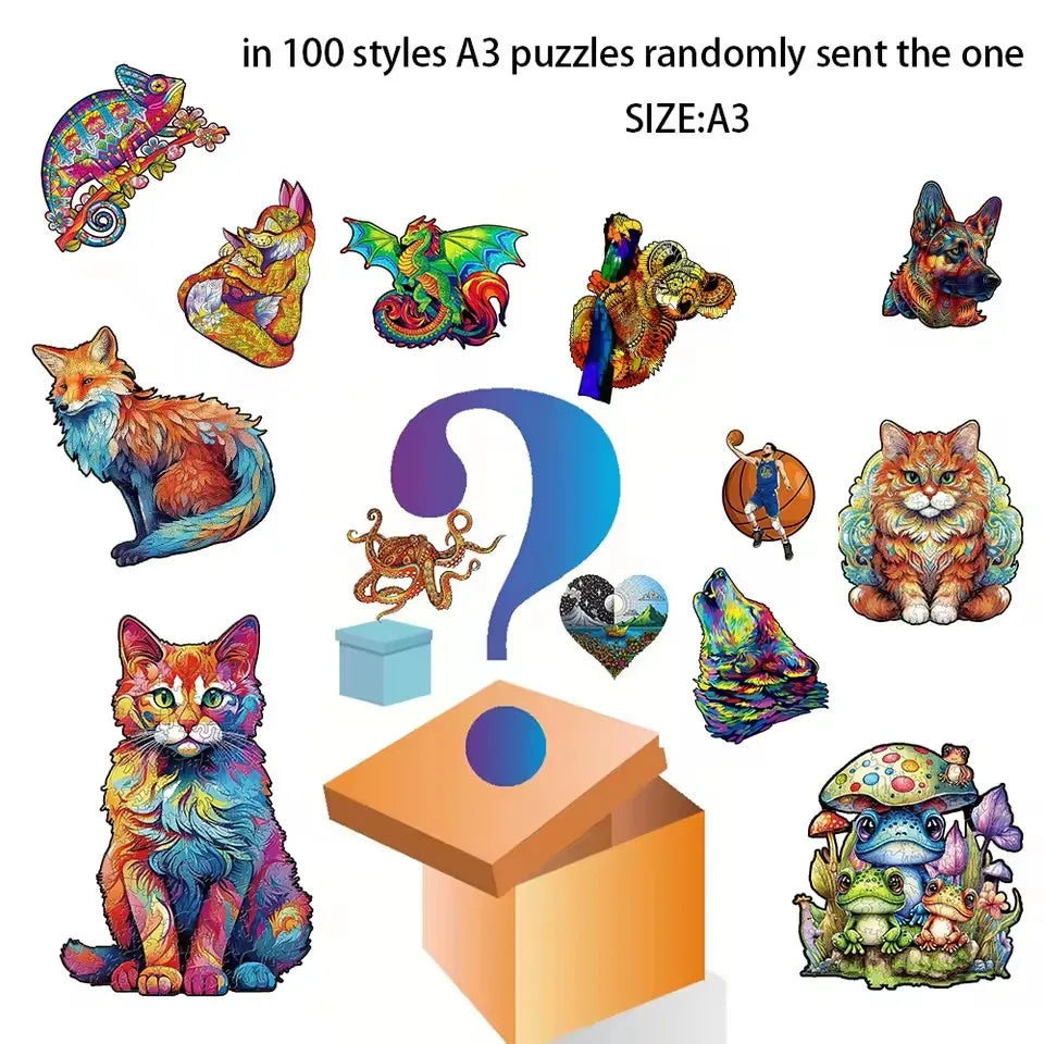 A3 A5 Size Wooden Animal Puzzle - 3D Family Party Gift Mystery Box-A3