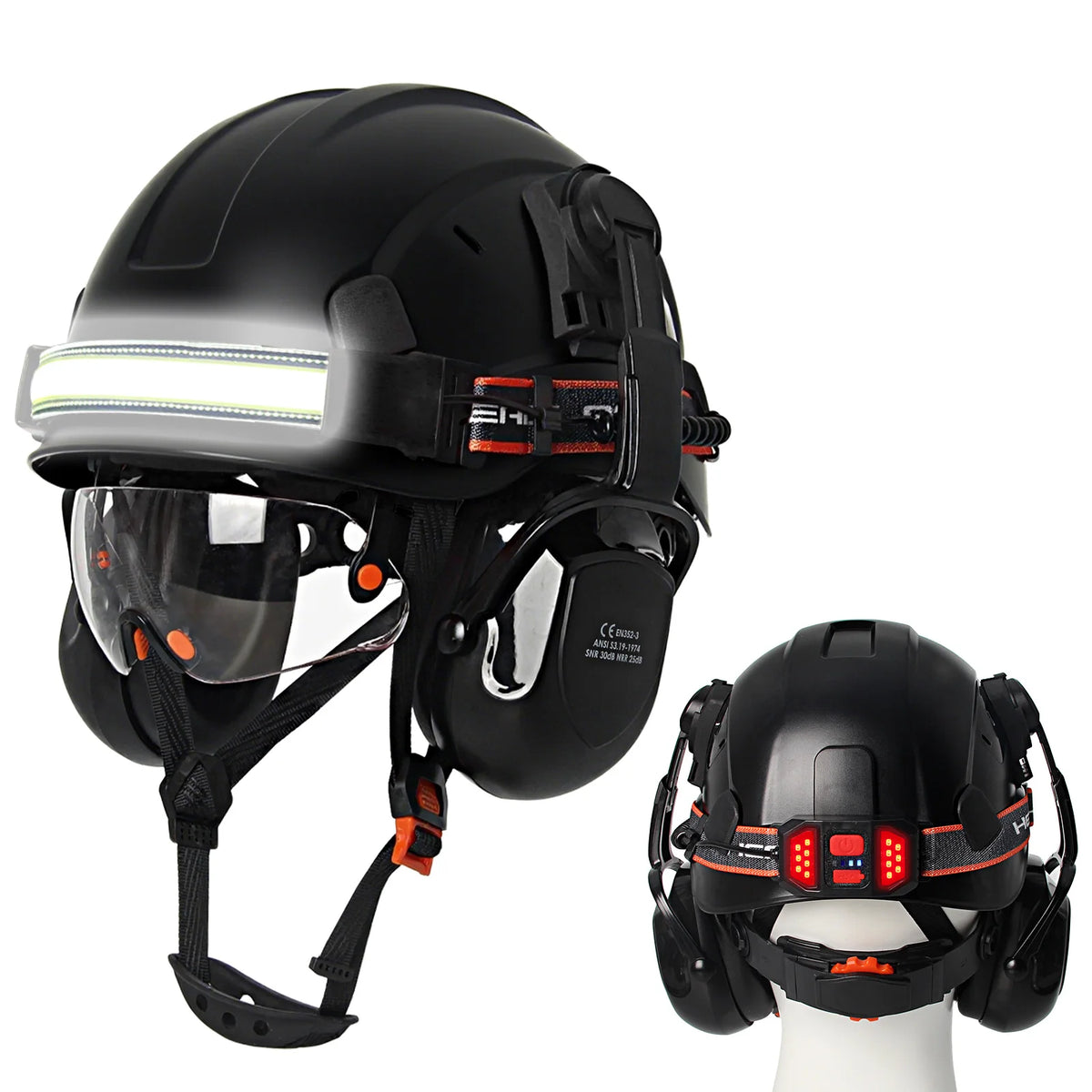 CE Construction Safety Helmet With Goggles &ndash; LED Headlamp Black A