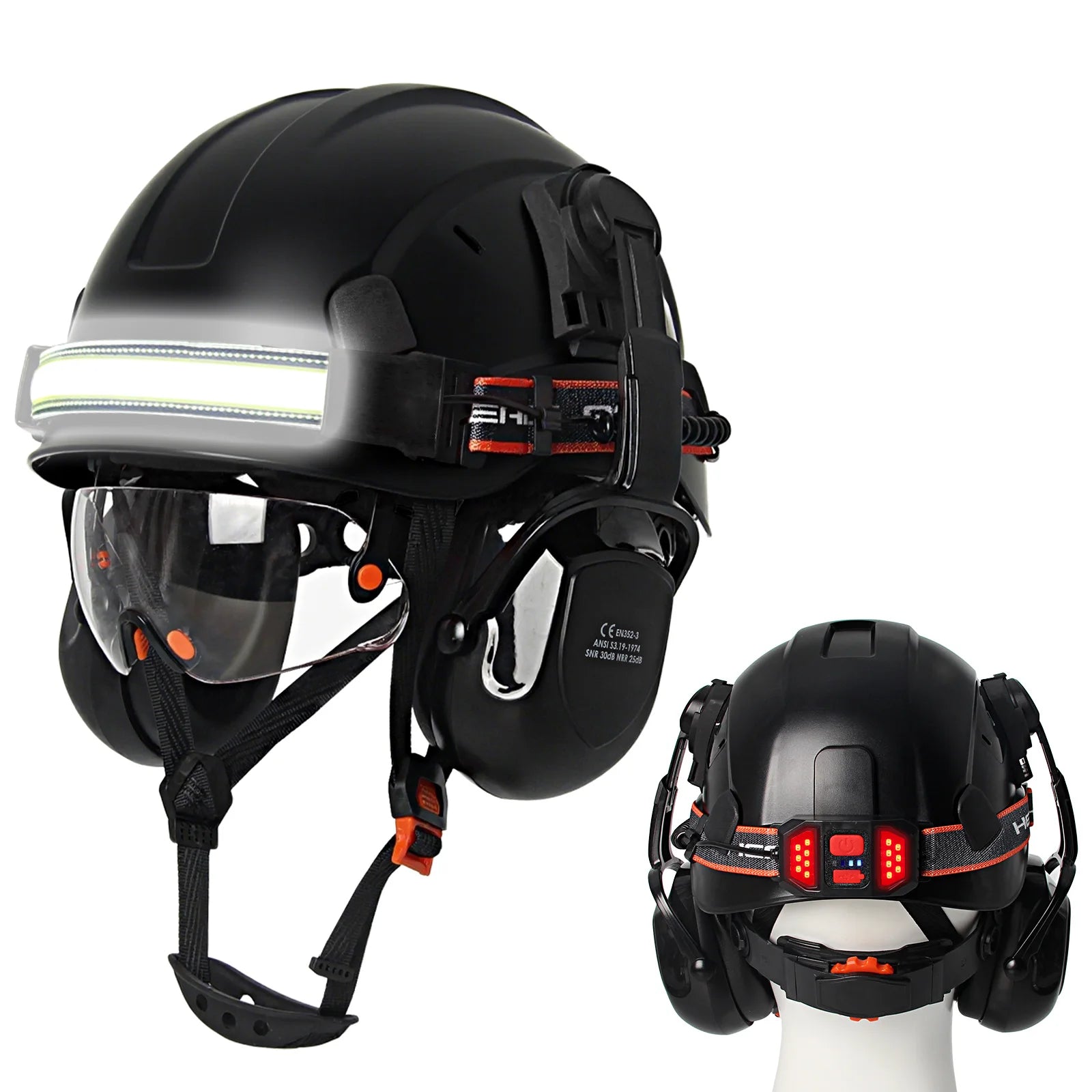 CE Construction Safety Helmet With Goggles &ndash; LED Headlamp Black A