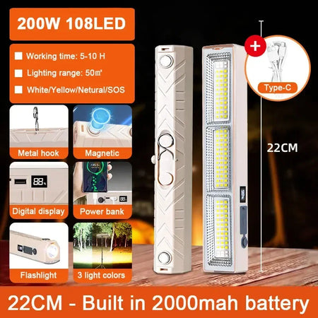 Super Bright LED Magnetic Work Light &ndash; USB Rechargeable and Portable 22cm 200W 2000mah