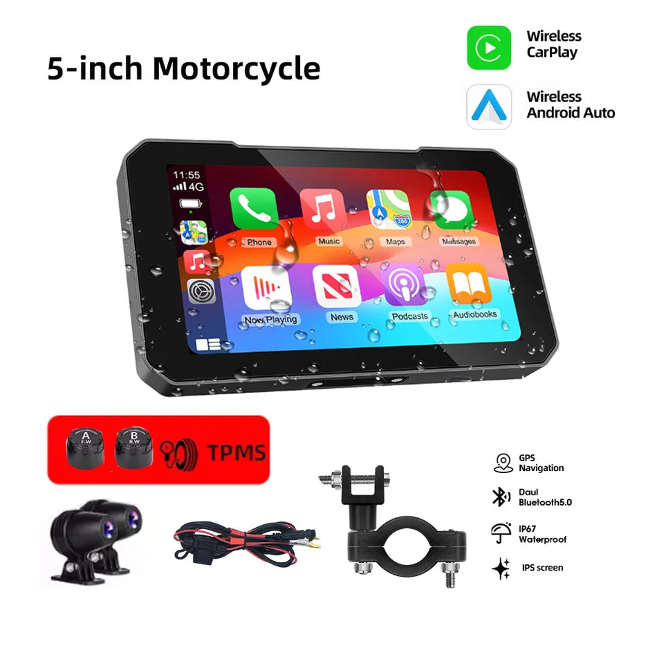 Motosiklet CarPlay Ekranı 5 İnç, Kablosuz CarPlay ve Android Auto