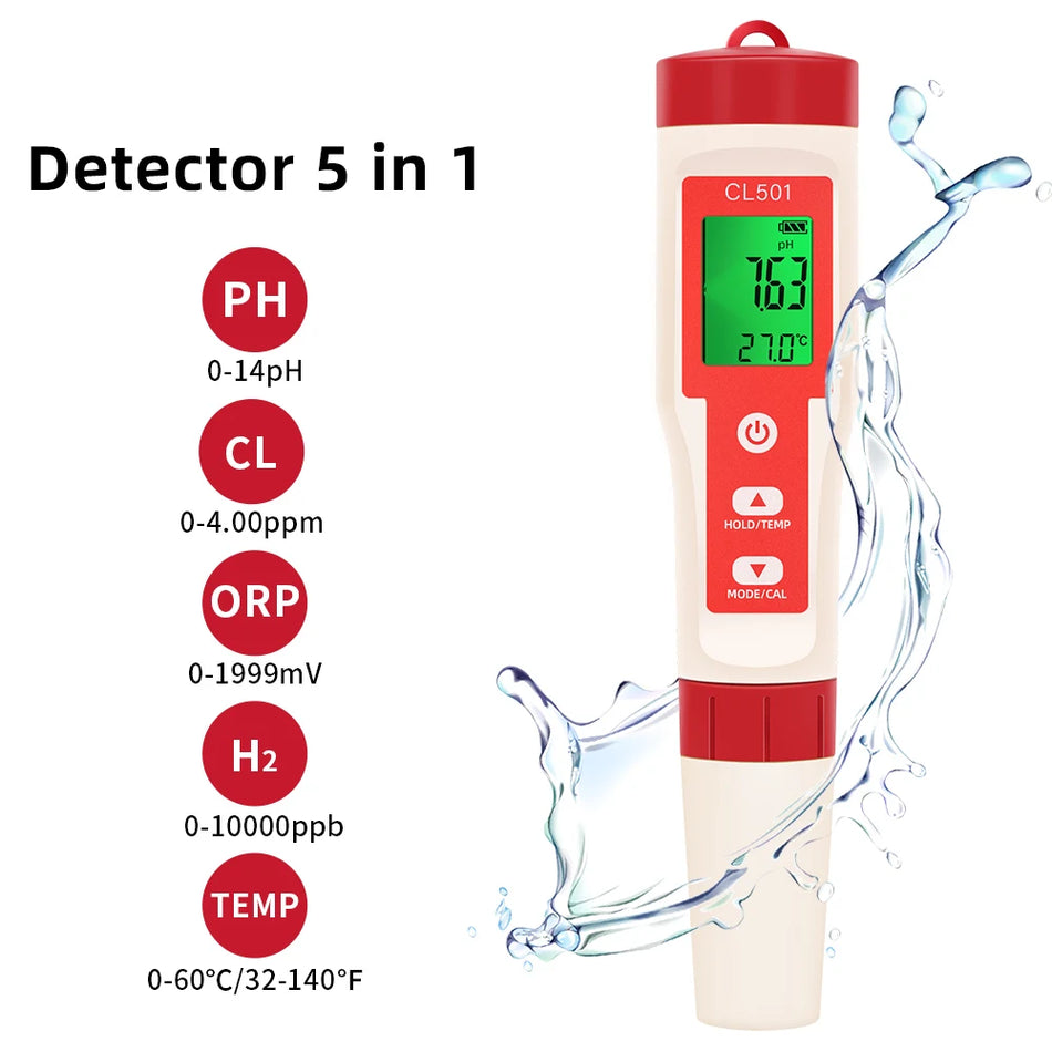 5 in 1 Chlorine Meter PH/CL2/H2/ORP/Temperature Water Quality Tester for Pools Drinking Water Aquarium Aquaculture