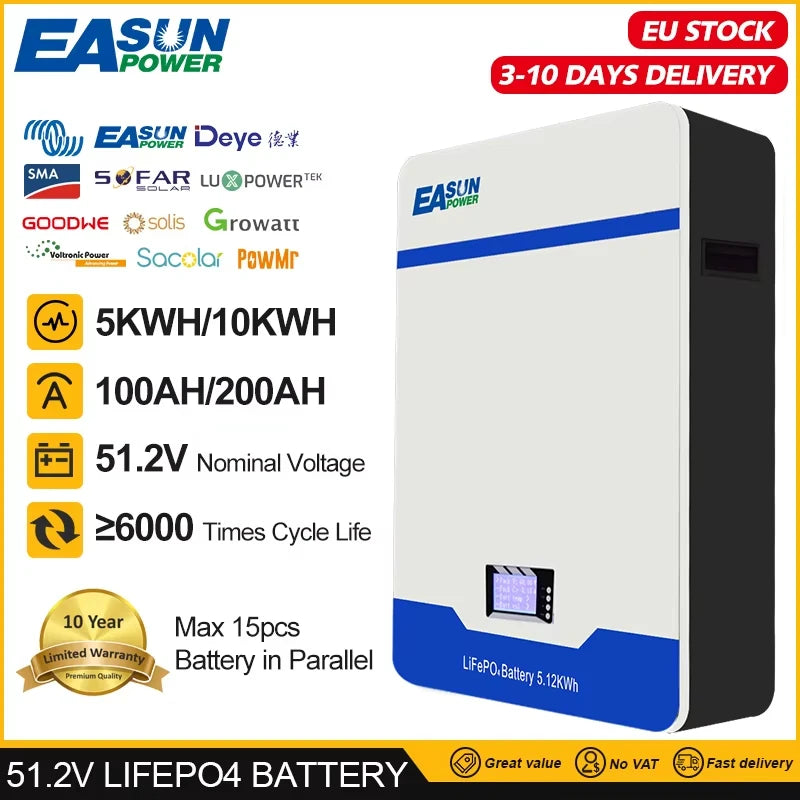 Μπαταρία EASUN Lifepo4 Powerwall 48V και 51.2V, 16S 100Ah, 5.12kWh Χωρητικότητα, 6000+ Κύκλοι, BMS Έτοιμο για Ηλιακή Ενέργεια