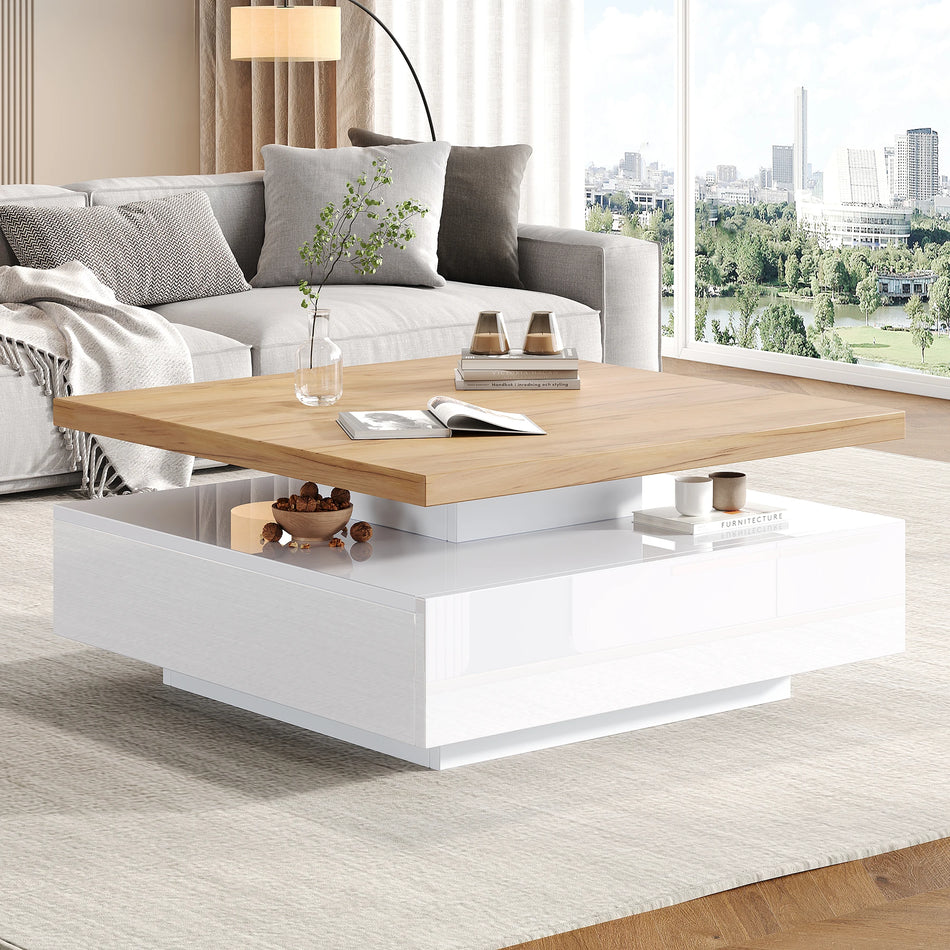 Mesa de café blanca de alto brillo giratoria de 360 grados de 2 niveles